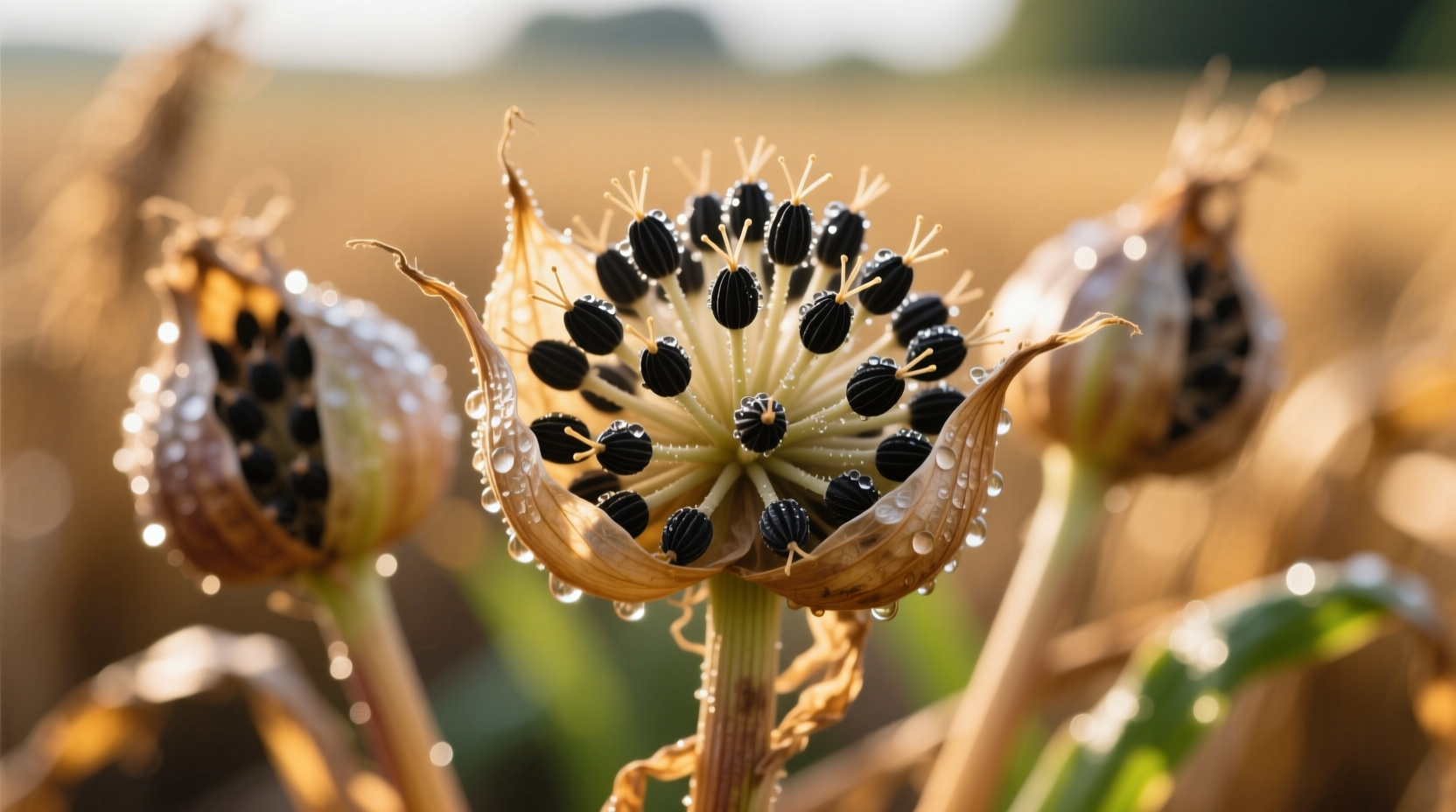 Close-up of mature onion seed heads ready for harvesting