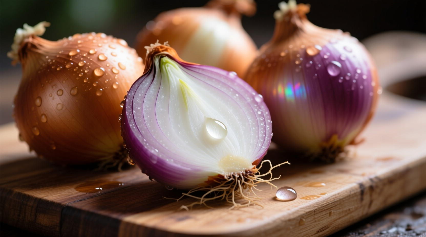 Close-up of fresh onions on cutting board