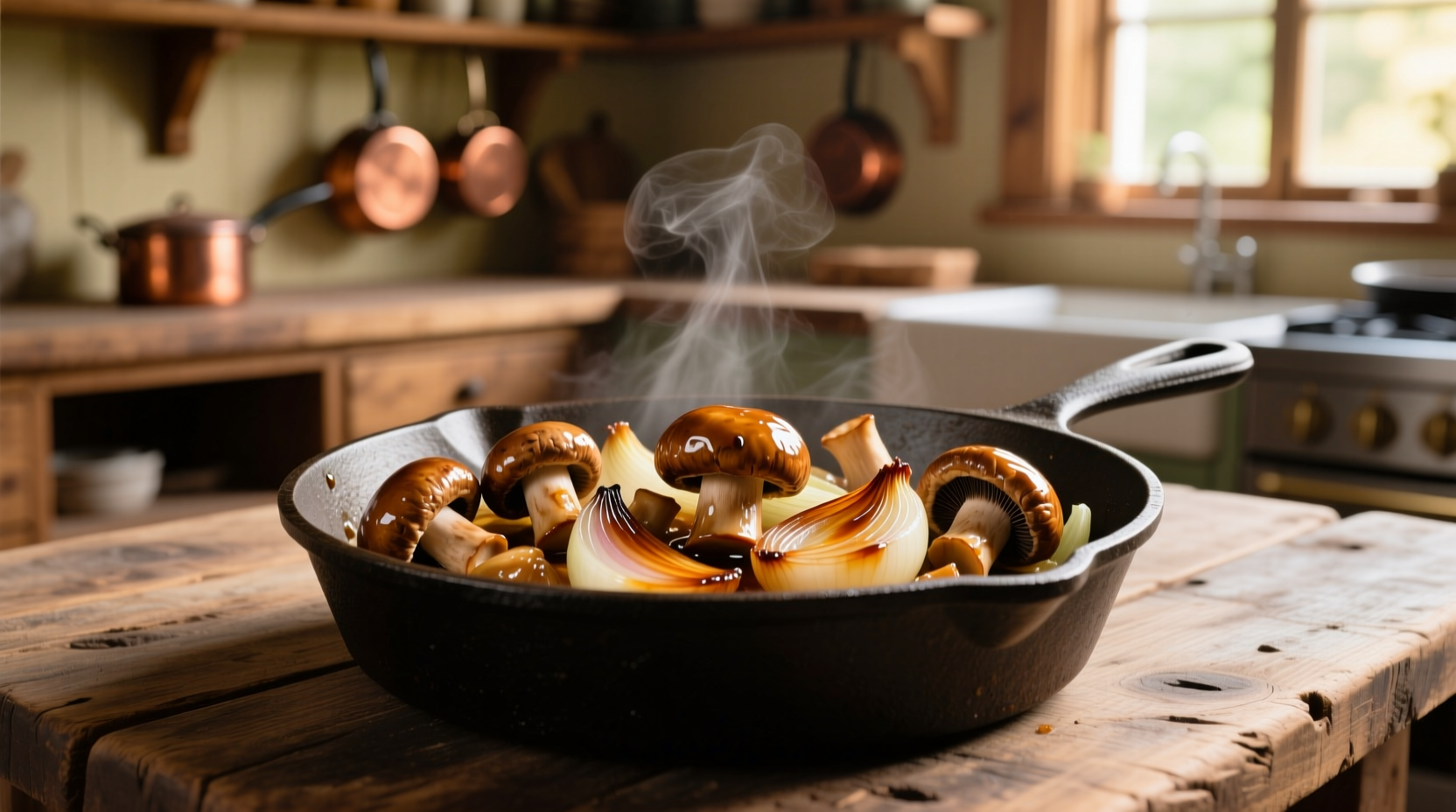 Perfectly caramelized mushrooms and onions in cast iron skillet