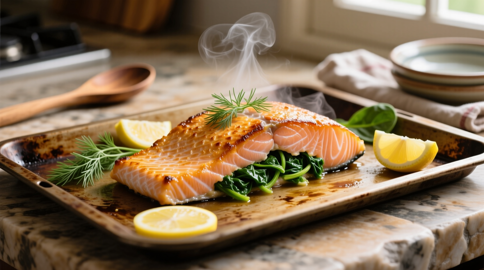 Spinach stuffed salmon fillet on baking sheet
