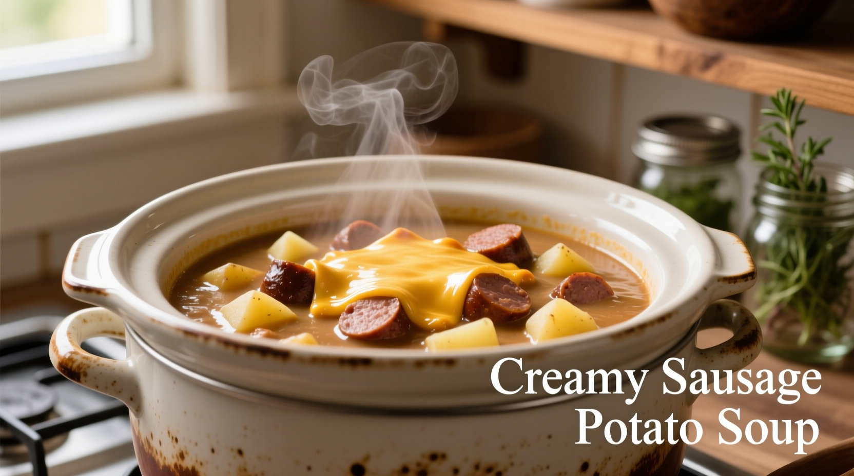 Slow cooker filled with creamy sausage potato soup