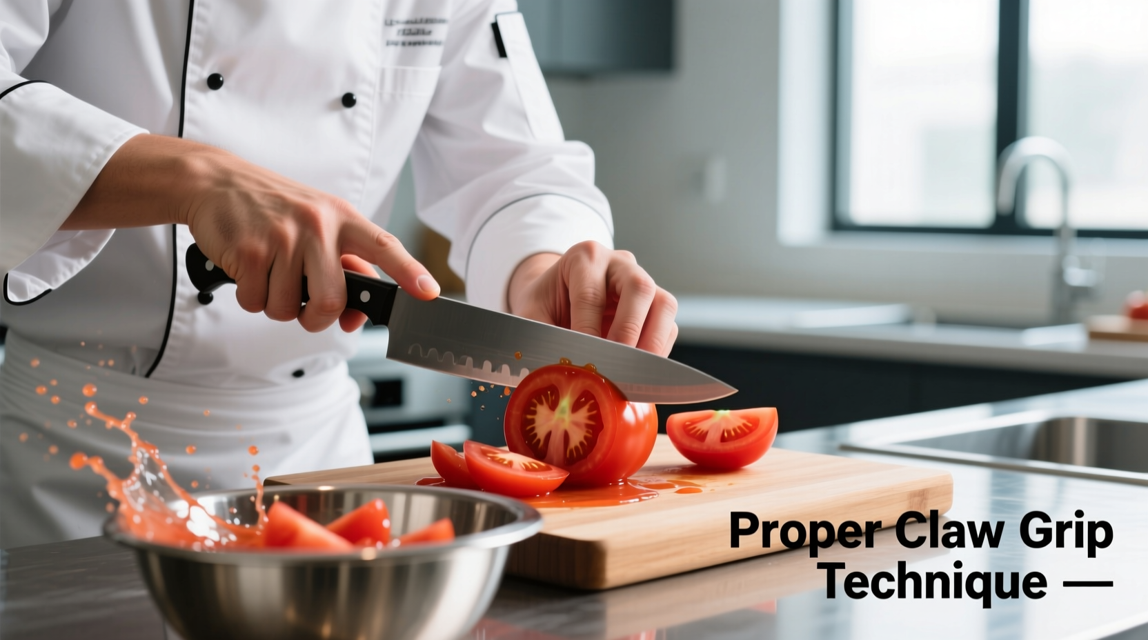 Chef demonstrating proper claw grip while cutting tomatoes