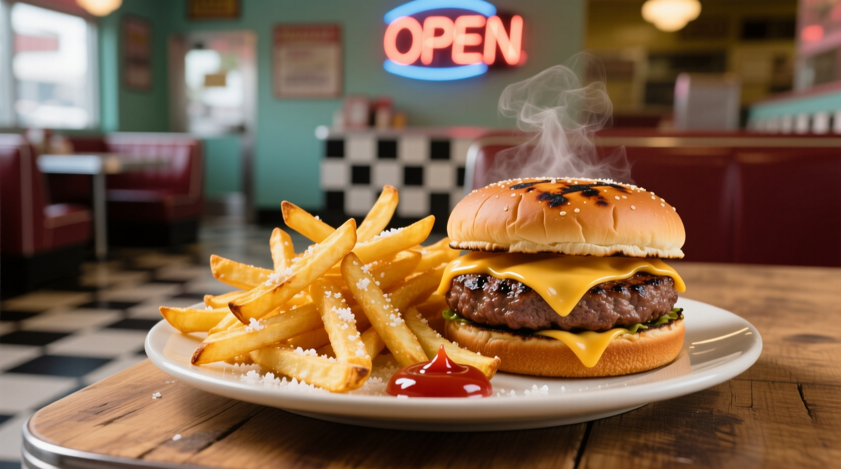 Crispy golden french fries next to juicy hamburger