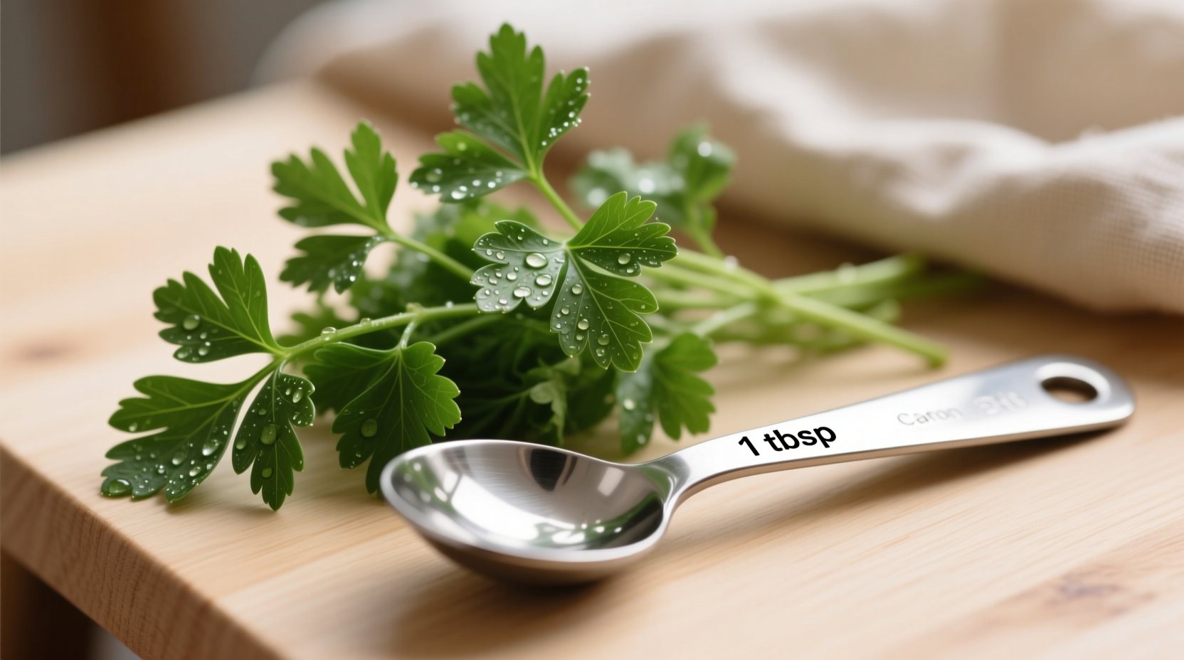 Fresh parsley sprigs next to measuring spoon