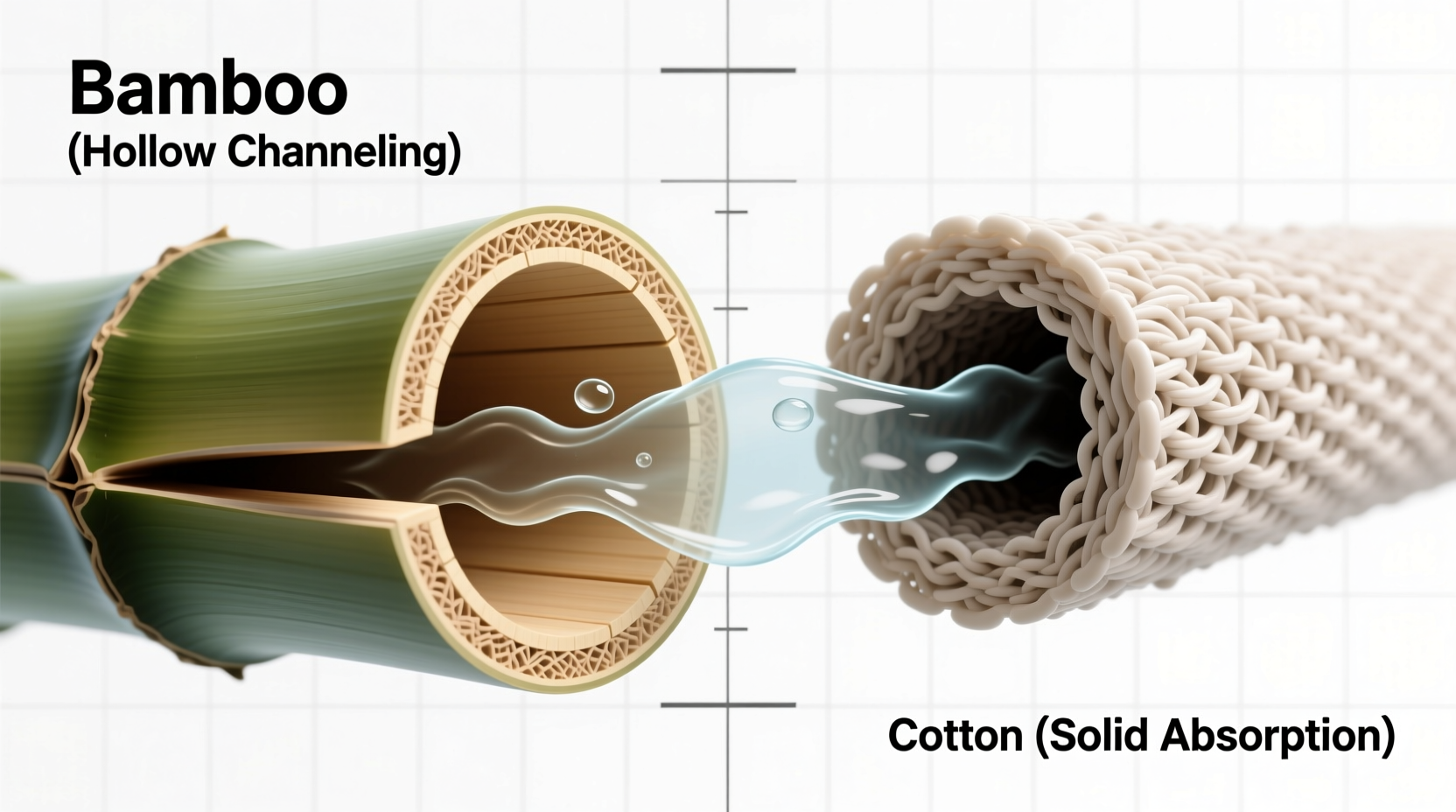 Close-up cross-section diagram showing bamboo fiber's hollow microstructure channeling moisture away from skin surface, contrasted with cotton's solid, absorbent fibers holding moisture close to the foot
