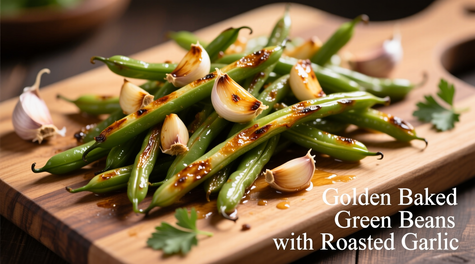 Golden baked green beans with roasted garlic