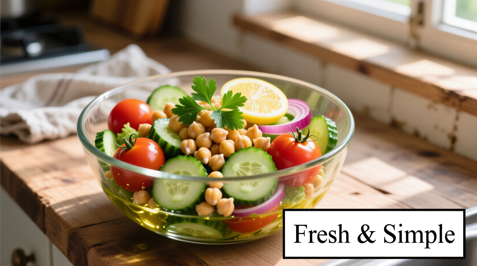 Fresh chickpea cucumber tomato salad in glass bowl