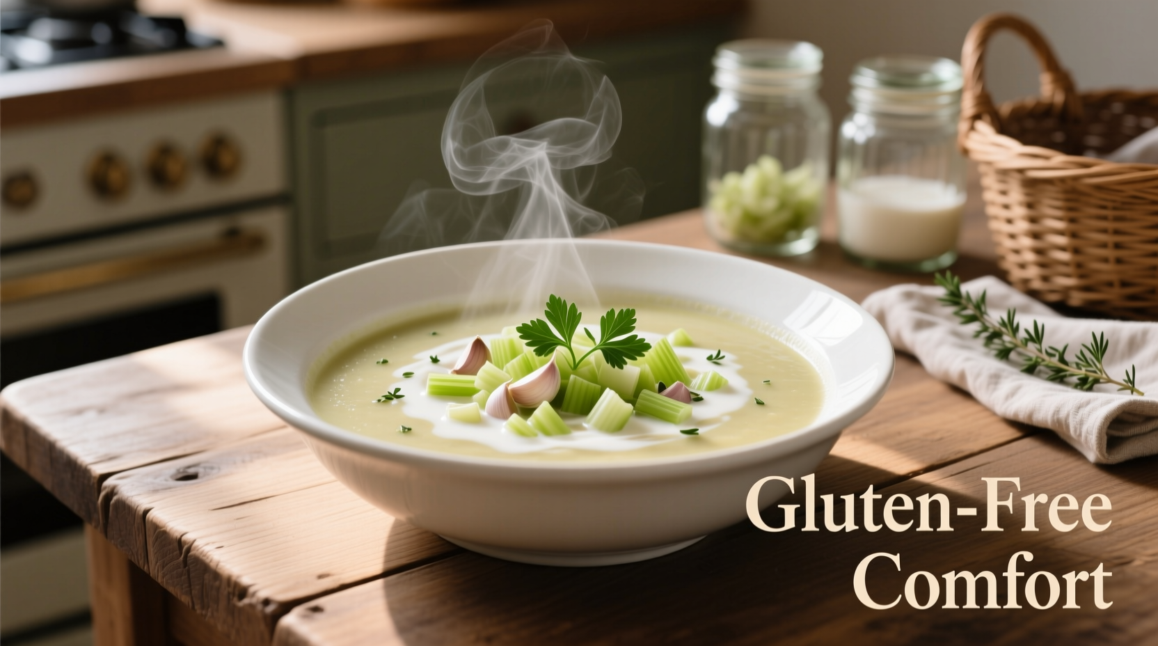Homemade gluten free cream of celery soup in white bowl