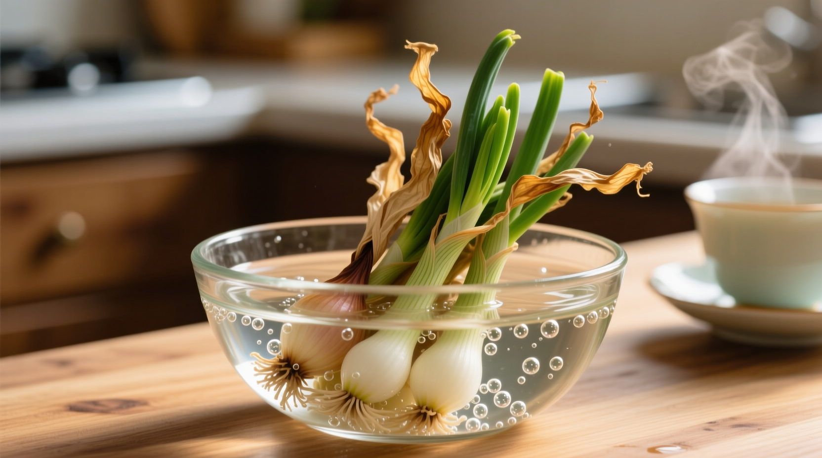 Dried spring onions in rehydration process