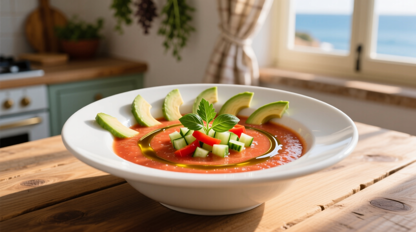 Fresh tomato gazpacho in white bowl with garnishes