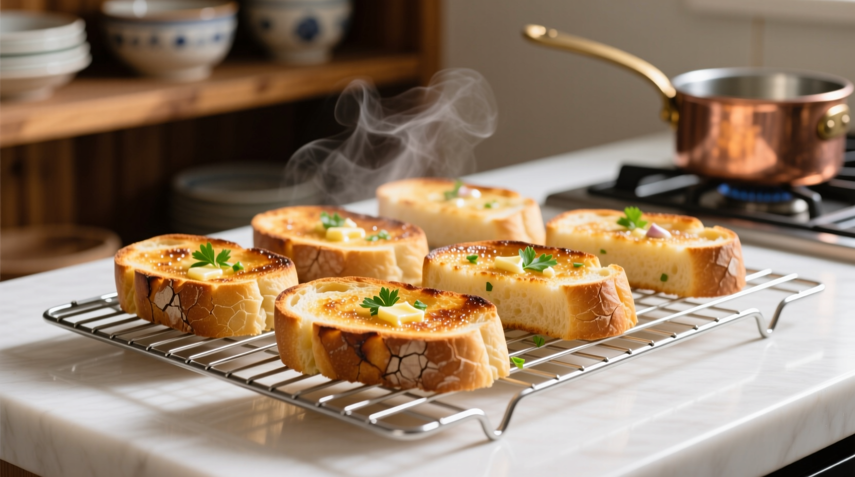 Golden garlic bread slices on wire rack