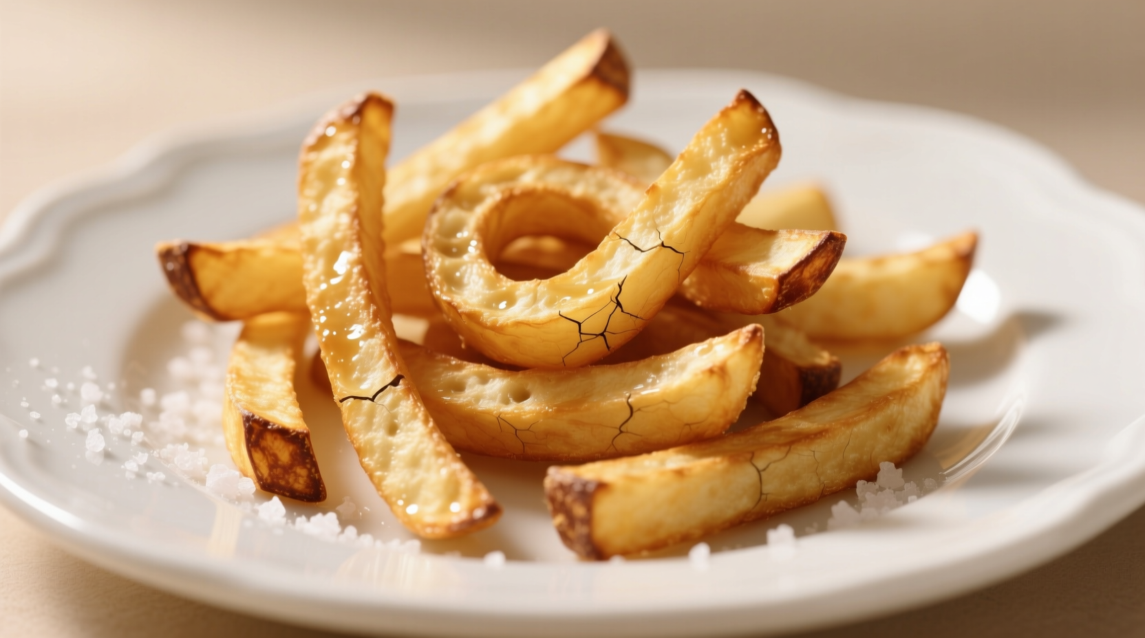 Golden brown onion french fries on white plate
