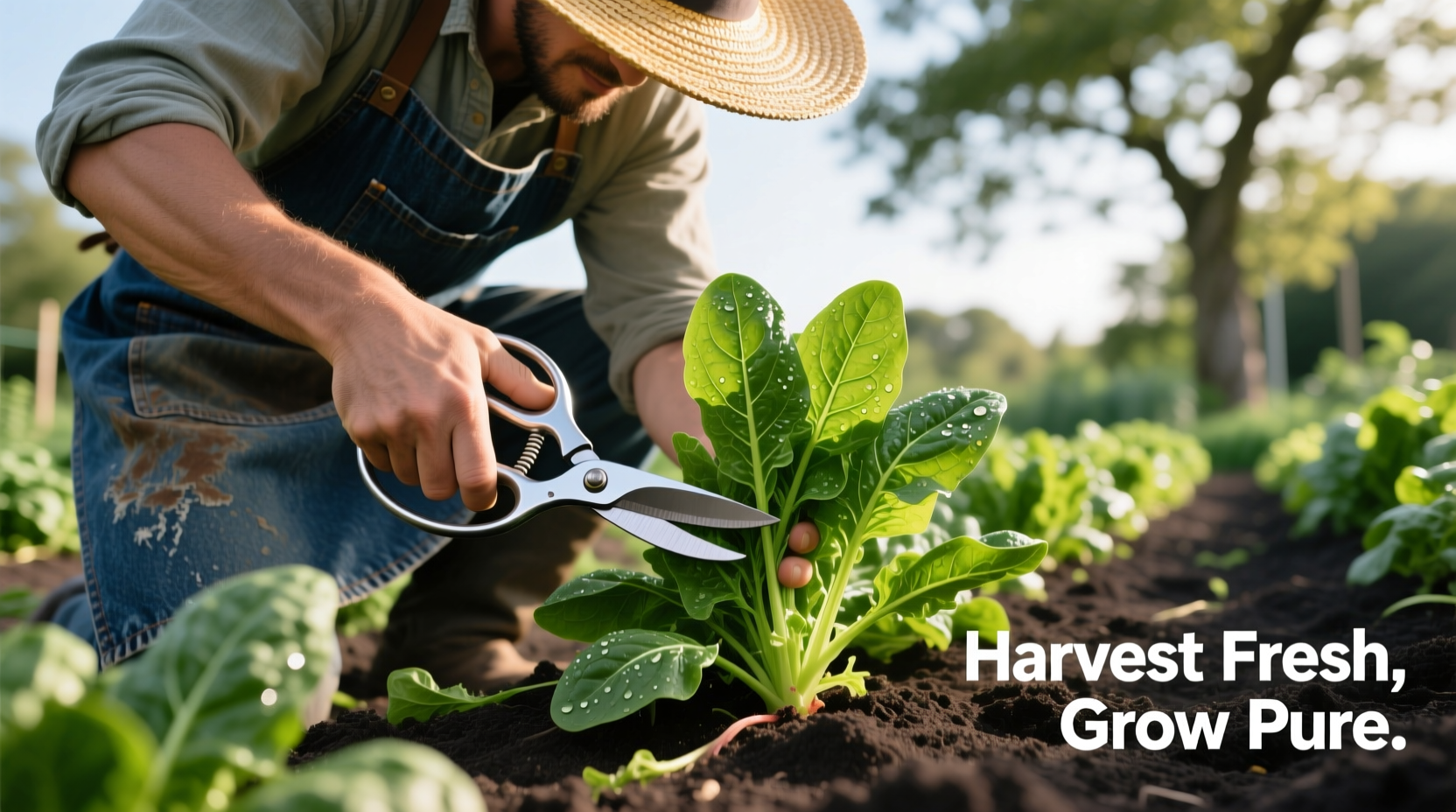 Gardener harvesting spinach leaves with scissors