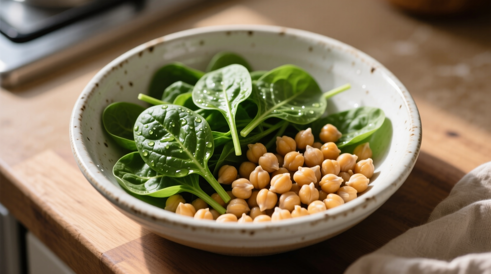 Spinach and chickpeas in a ceramic bowl