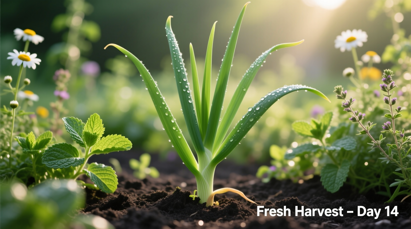 Green onion plant growing in garden bed