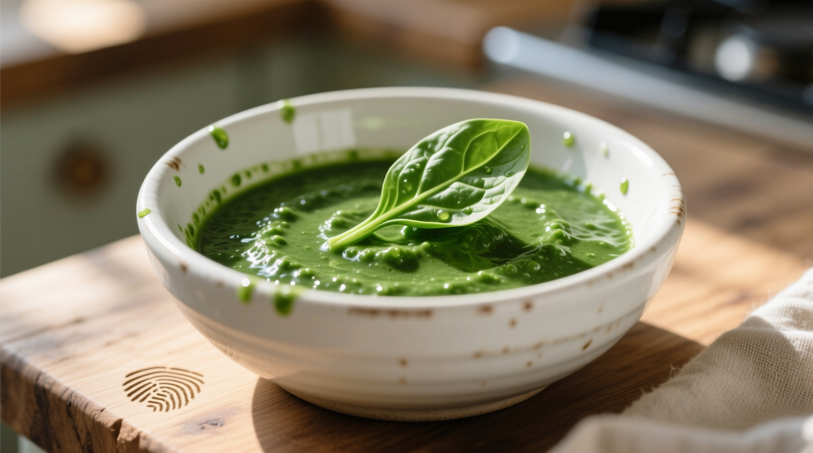 Fresh spinach sauce in white ceramic bowl