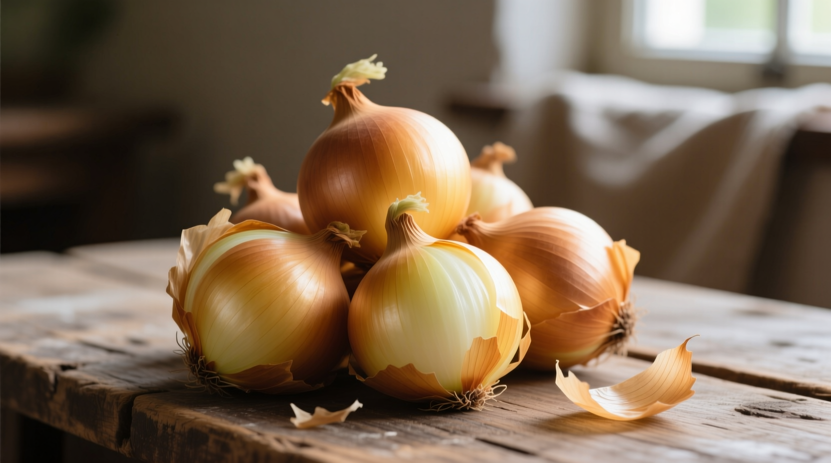 Fresh yellow onions with papery skin