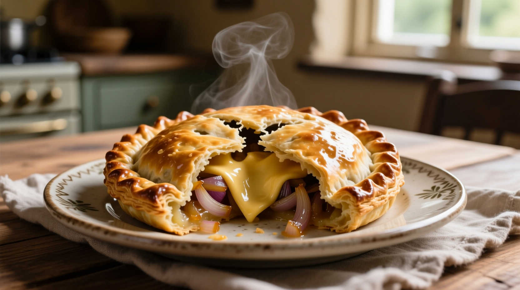 Traditional cheese and onion pasty with golden crust