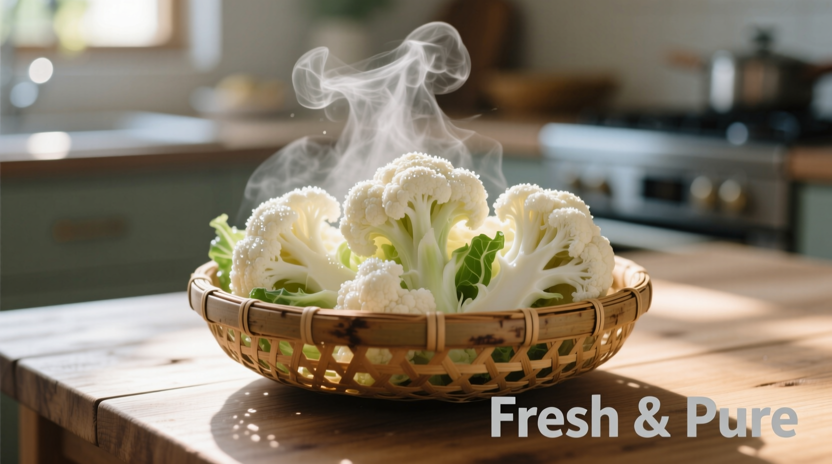 Fresh cauliflower florets steaming in bamboo basket