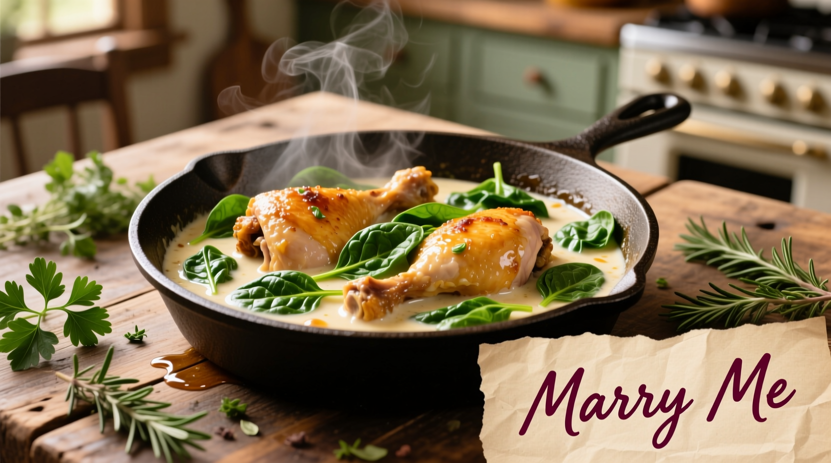 Creamy marry me chicken with spinach in cast iron skillet