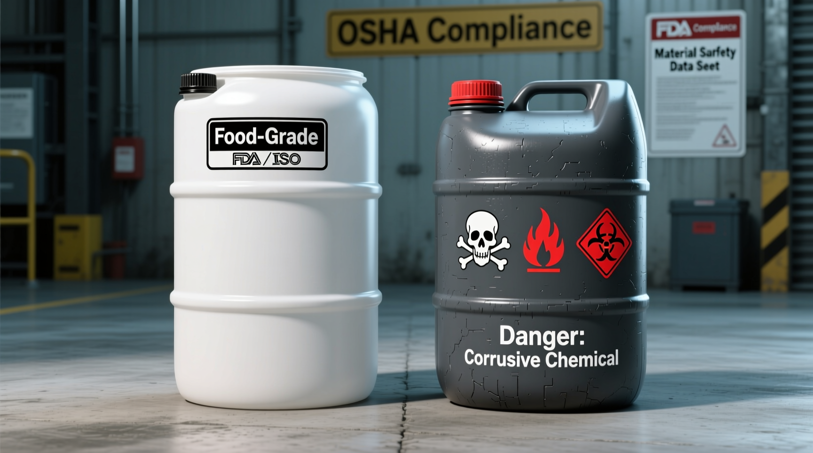 Food-grade plastic drum versus hazardous chemical container comparison