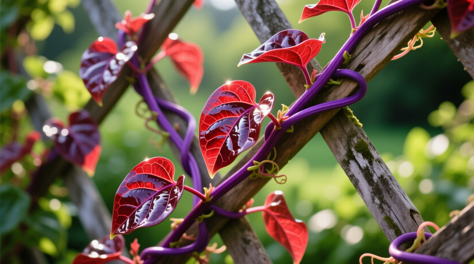 Red climbing spinach vine with glossy leaves and purple stems