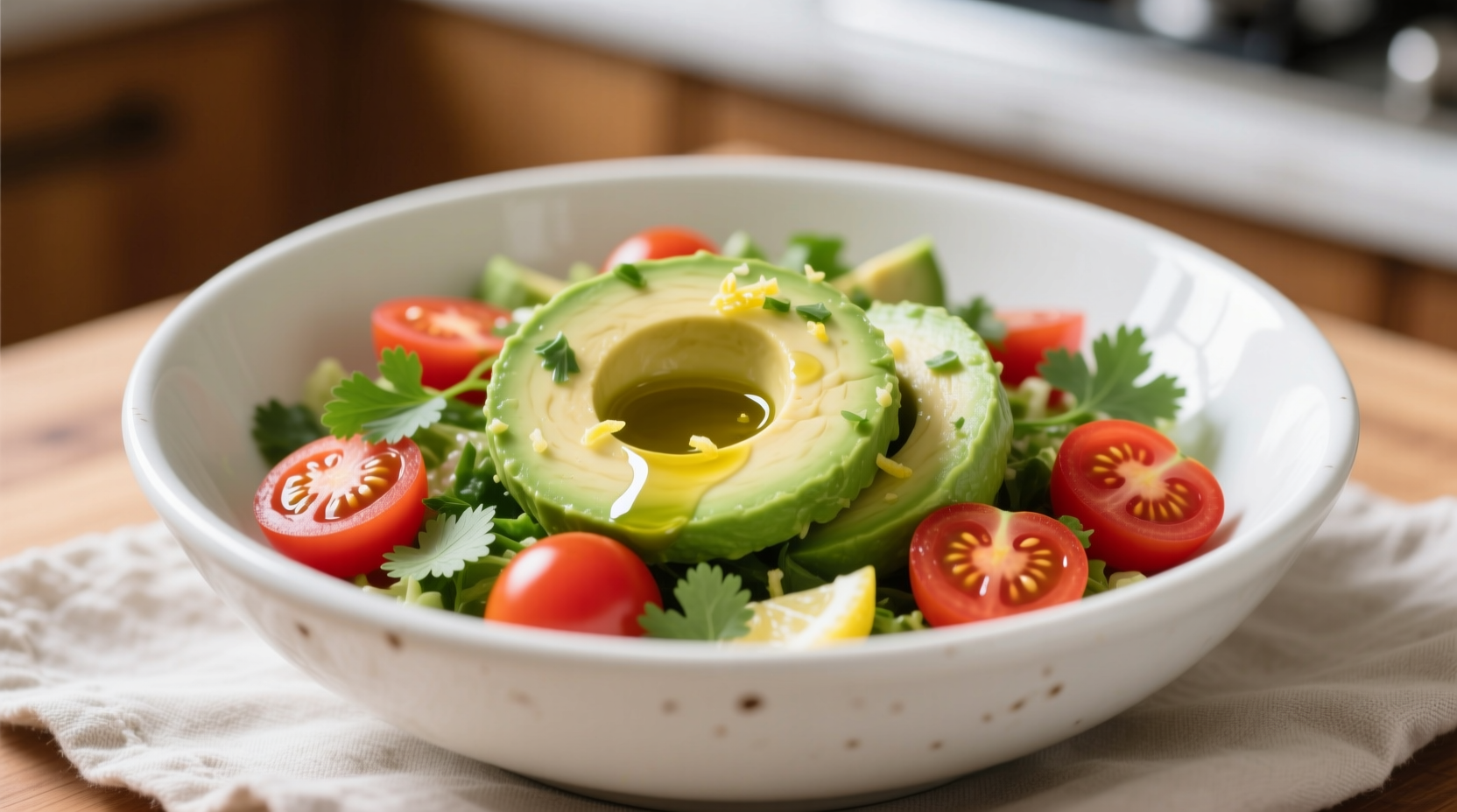 Fresh avocado tomato salad in white bowl