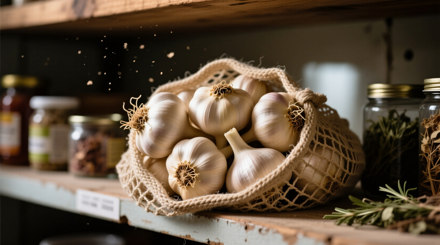 Garlic bulbs stored in mesh bag in cool pantry