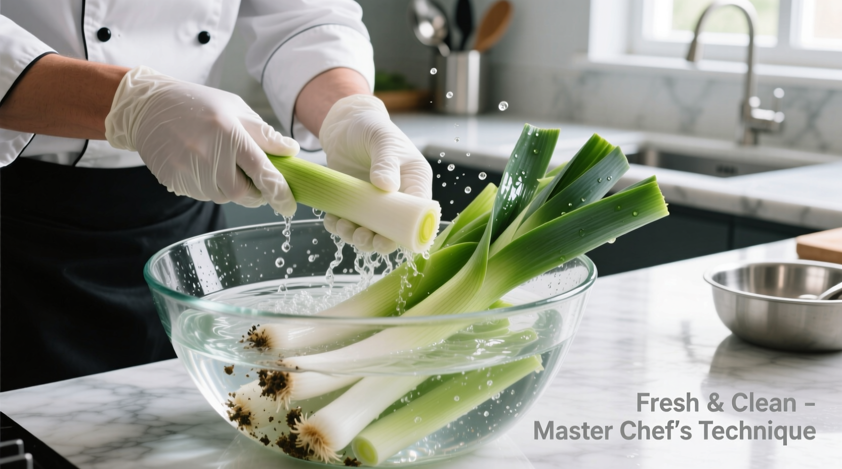 Chef properly cleaning leek sections in water