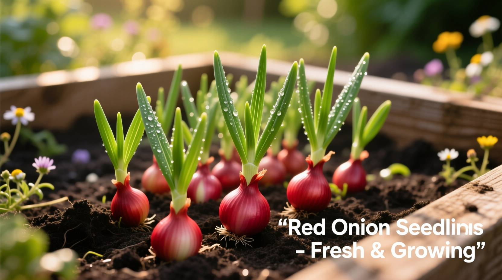 Red onion seedlings in garden bed with healthy green shoots