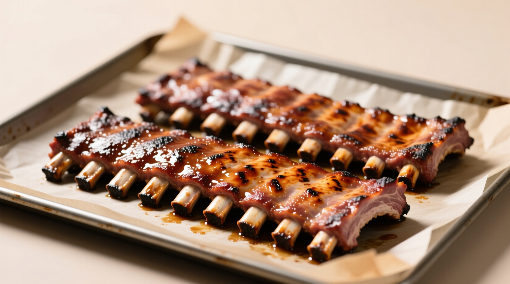 Ribs positioned bone-side down on parchment-lined baking sheet with 1-inch spacing