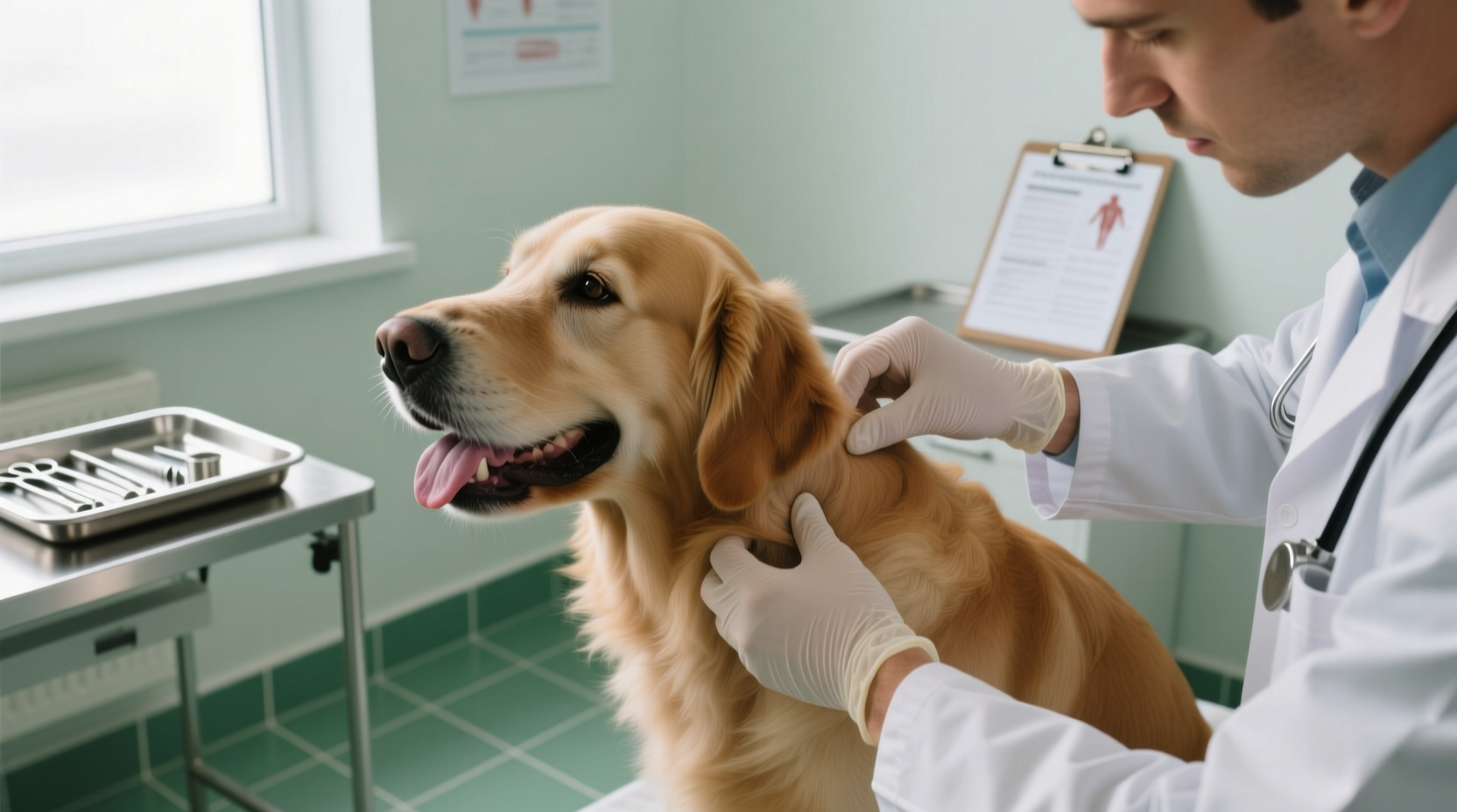 Vet checking a dog's hydration by skin elasticity