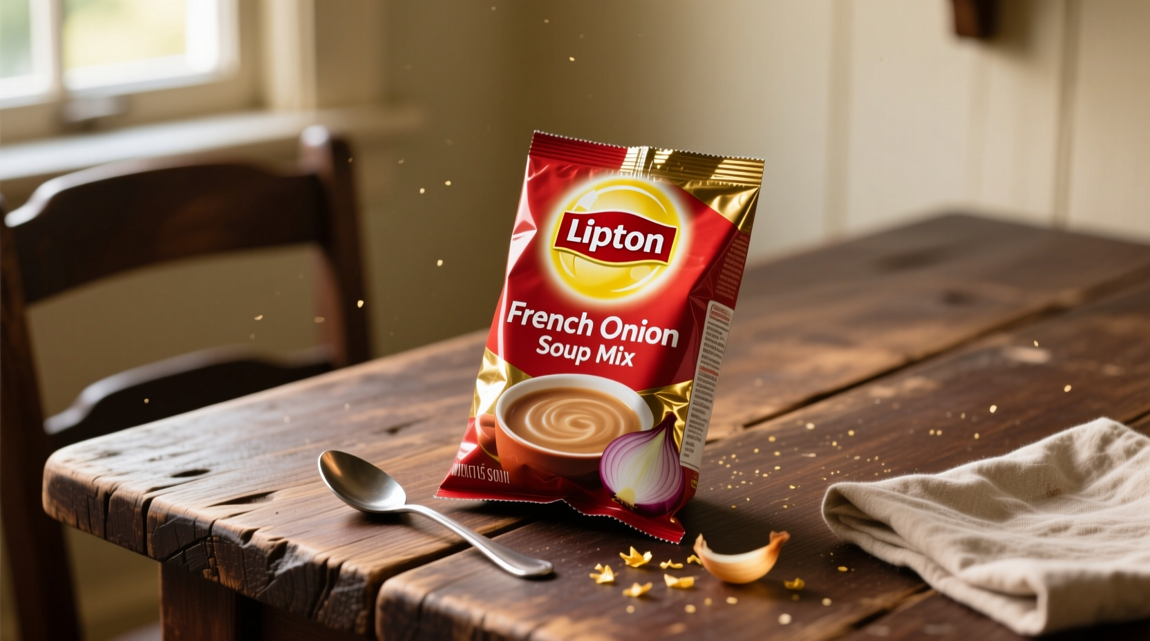 Lipton French Onion Soup mix packet on wooden table