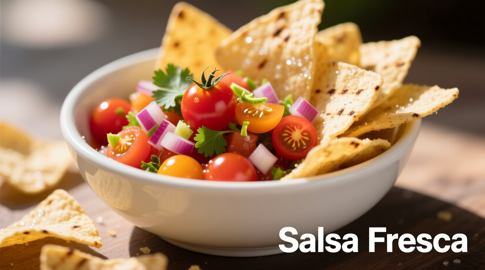 Fresh cherry tomato salsa in white bowl with tortilla chips