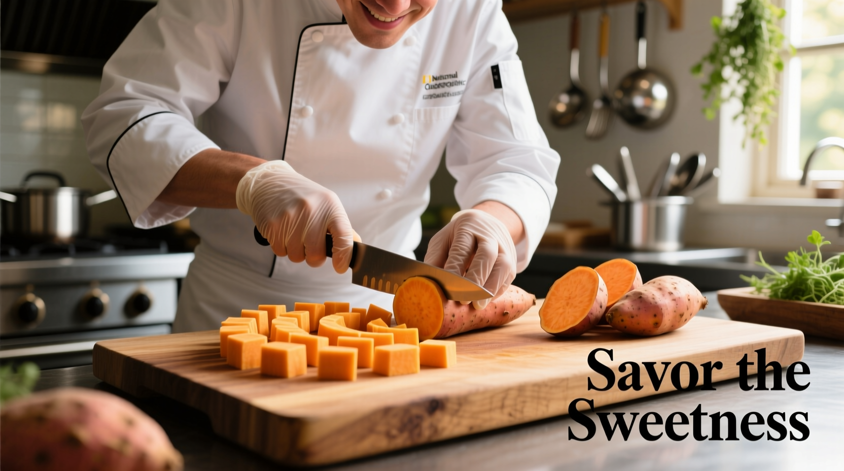 Chef preparing sweet potato cubes on cutting board