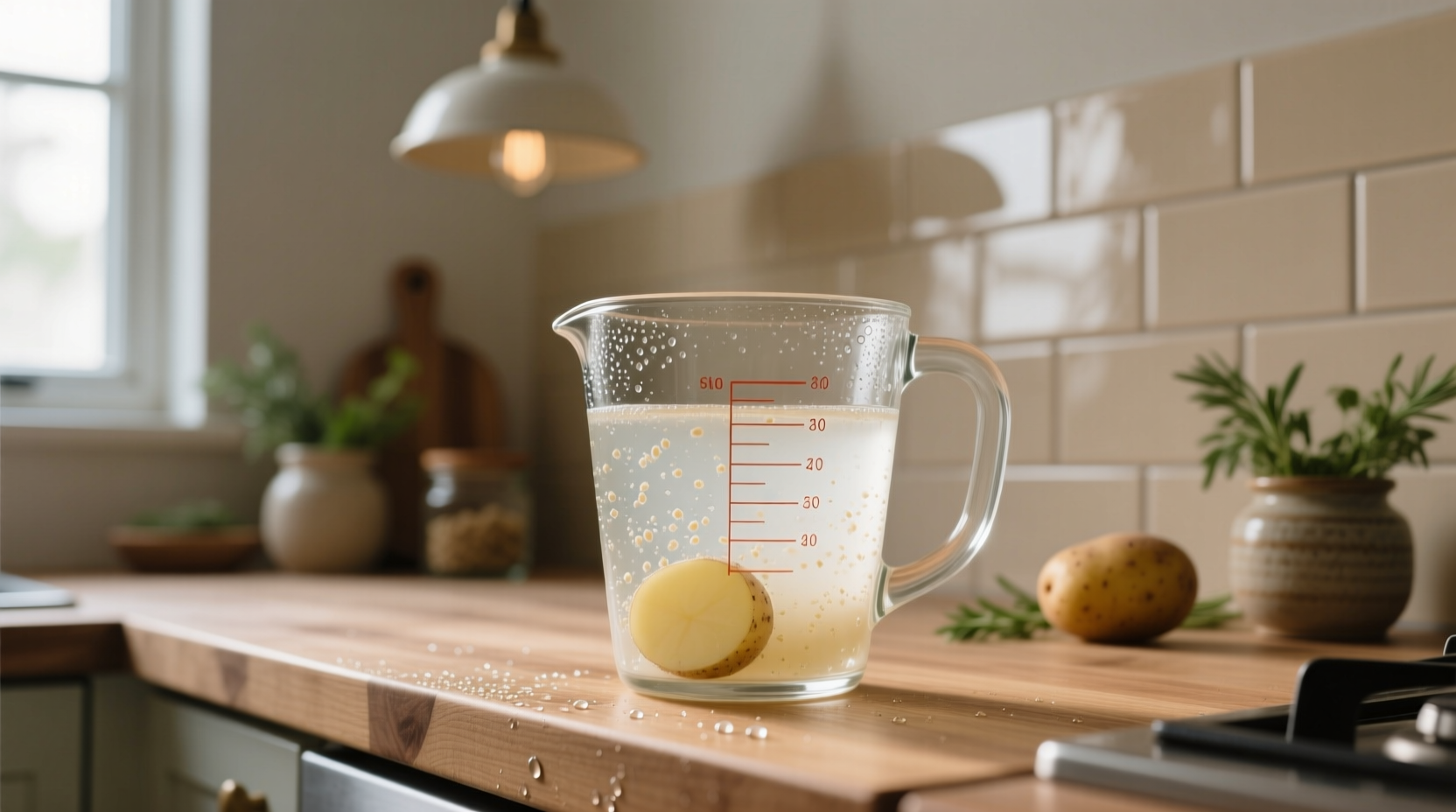Potato water cooling in glass measuring cup