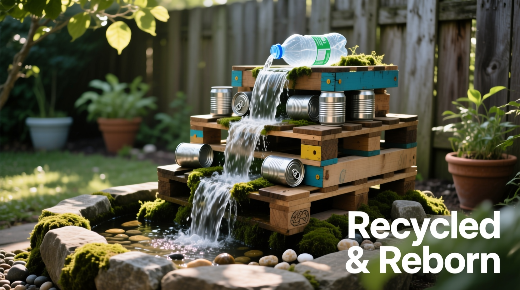 Recycled materials for DIY waterfall fountain setup