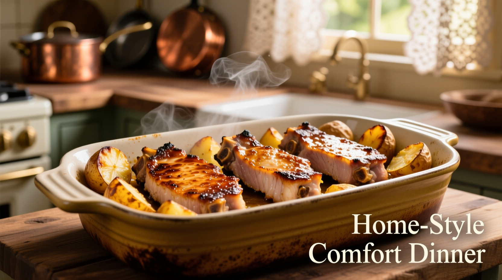 Golden pork chops with crispy potatoes in baking dish