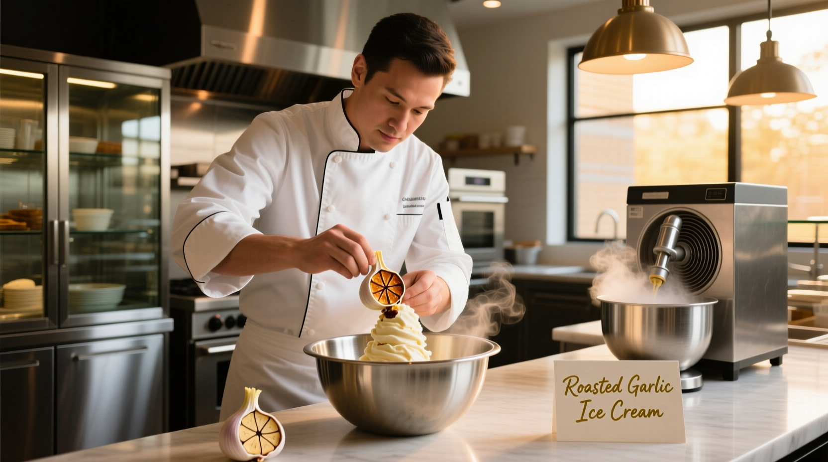 Chef preparing roasted garlic ice cream in professional kitchen