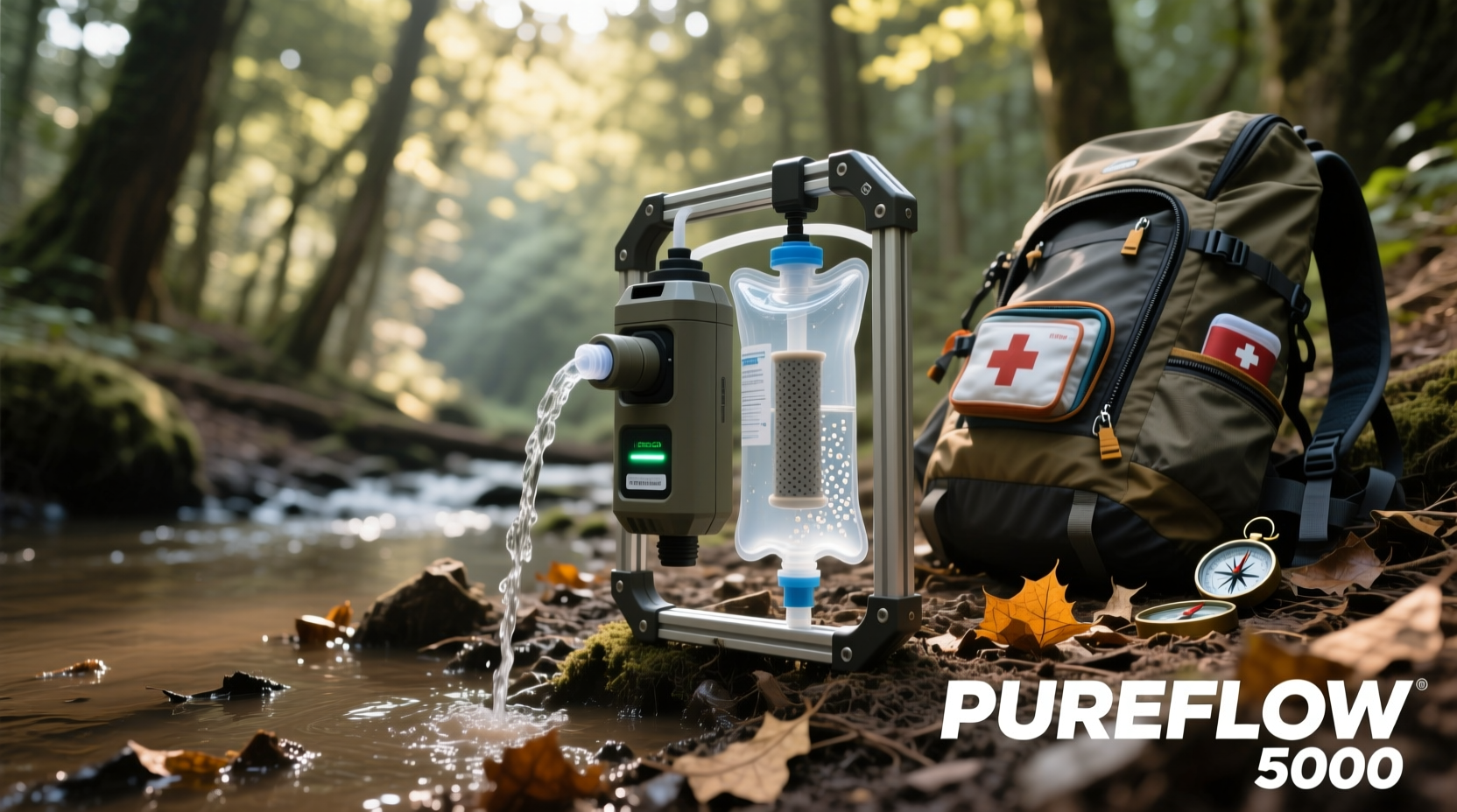 Emergency water filtration setup with portable filter