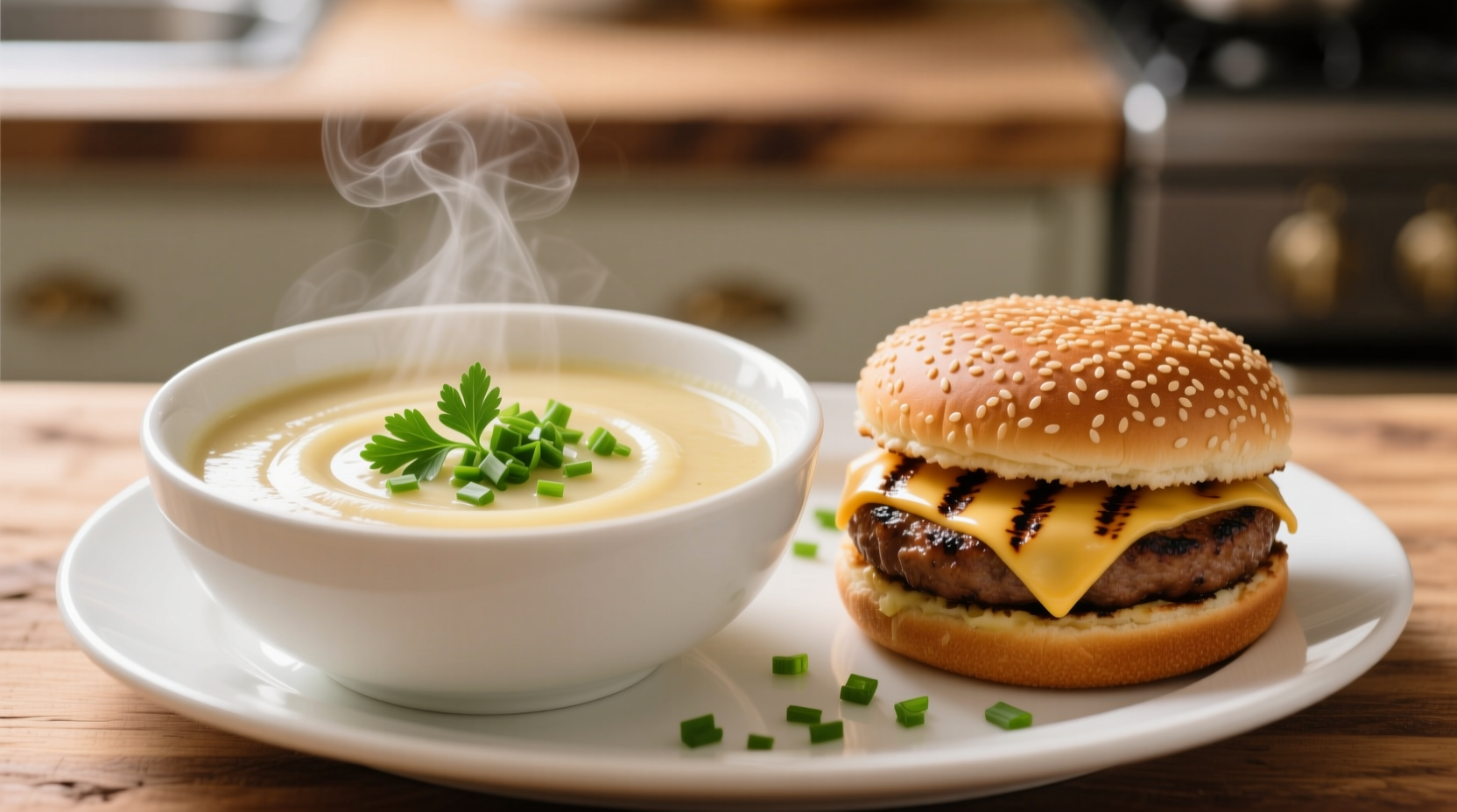 Hamburger and potato soup in white bowl with fresh herbs