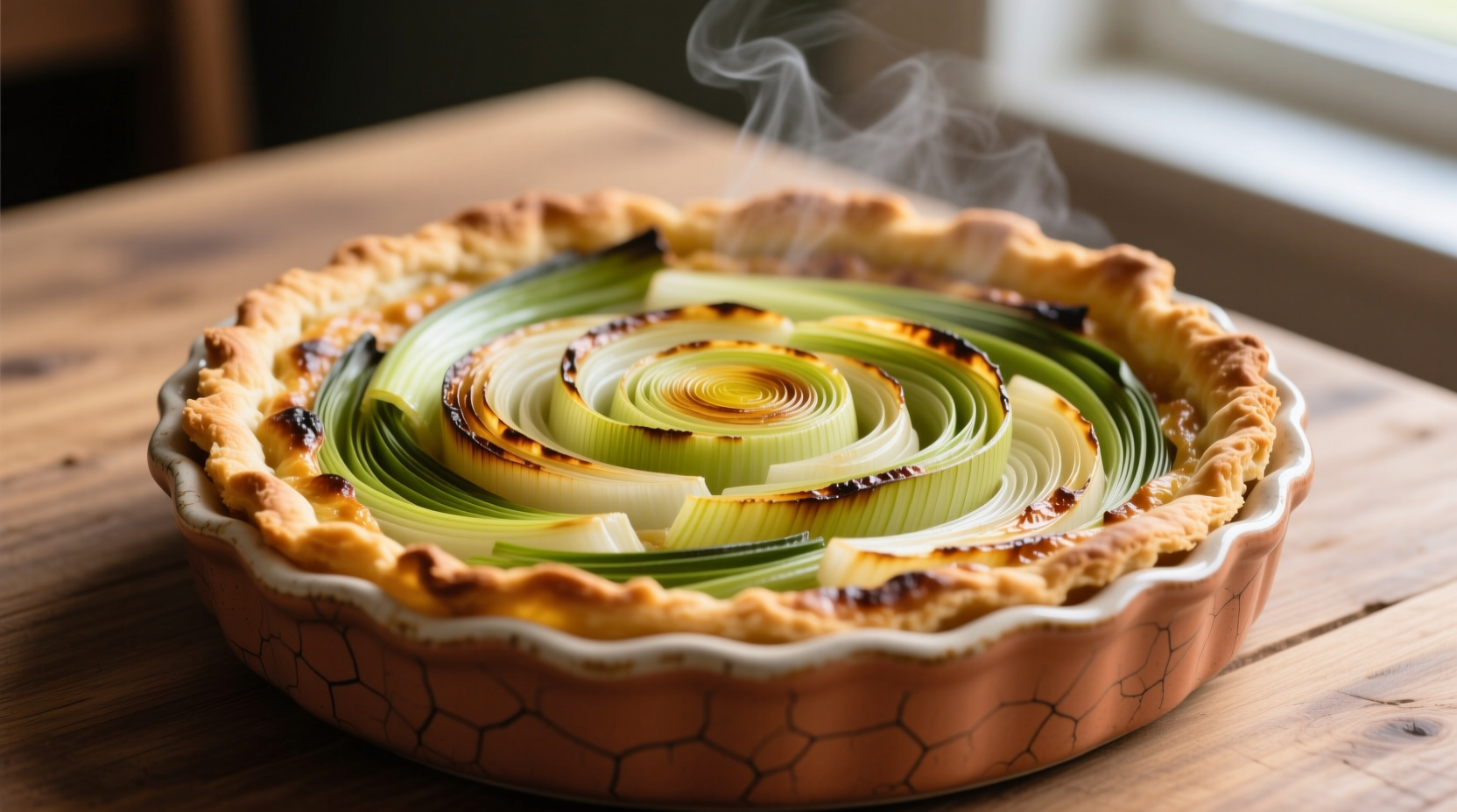 Golden brown leek tart with visible layered leeks in ceramic dish