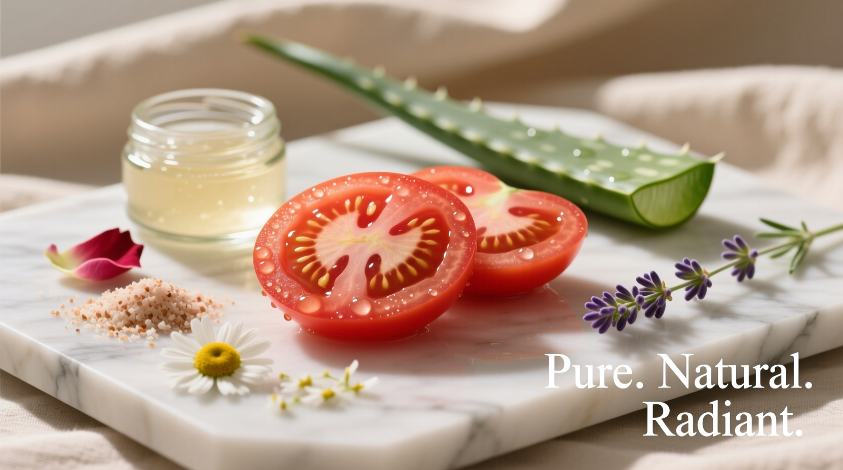 Fresh tomato slices on skincare ingredients