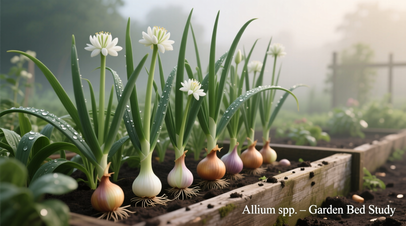 Onion and garlic plants growing together in garden bed
