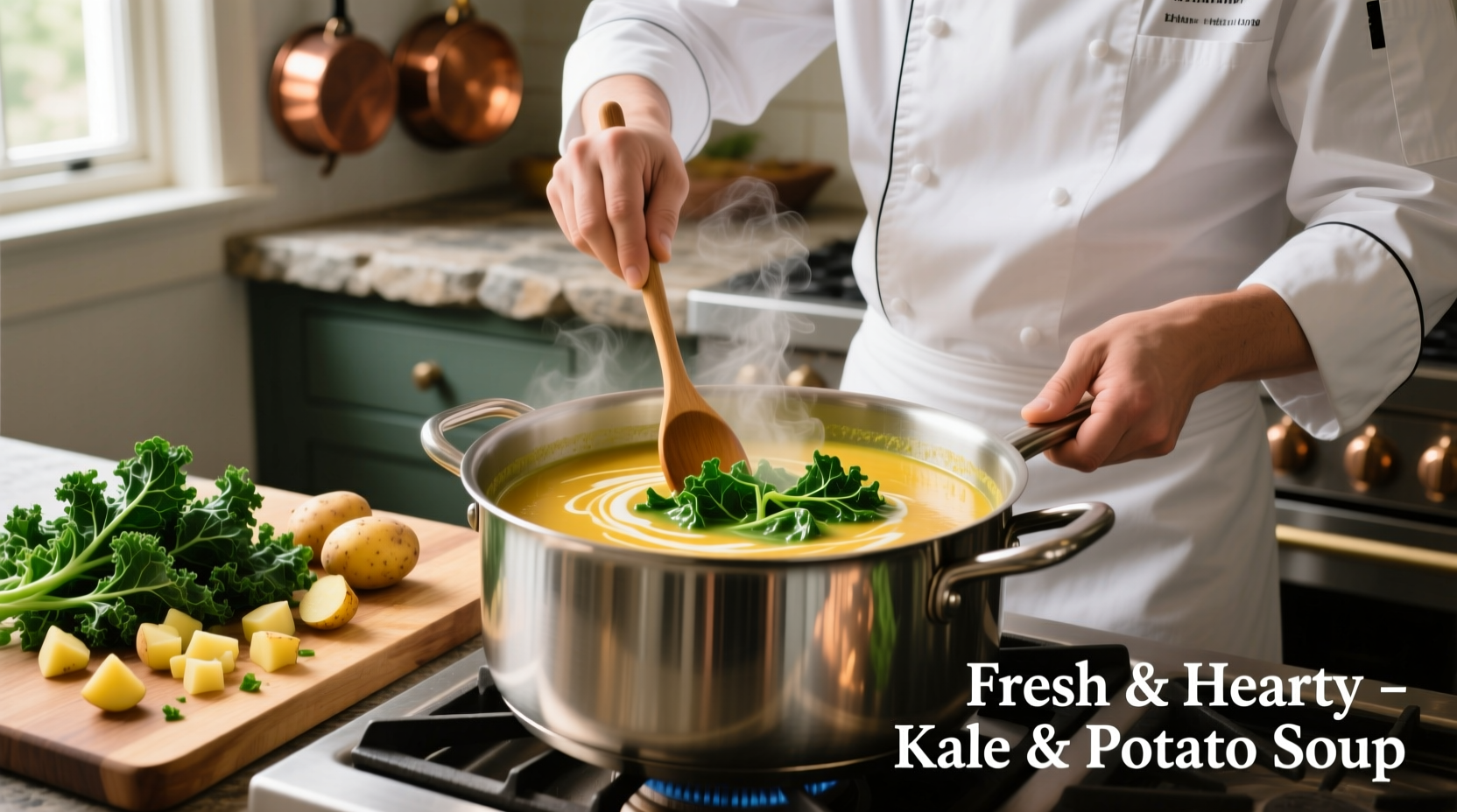Chef preparing vibrant green kale and golden potato soup