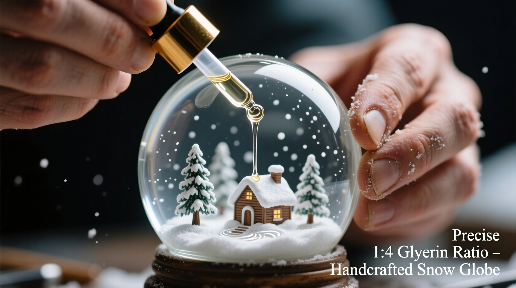 Hand assembling snow globe with precise glycerin measurement