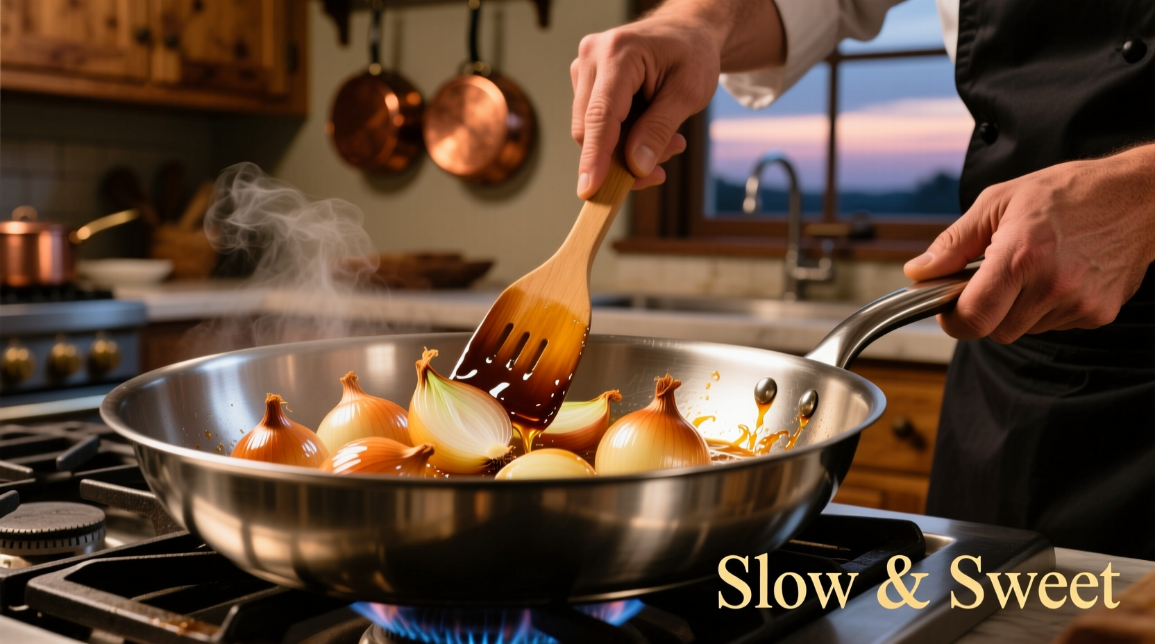 Chef caramelizing onions in stainless steel pan