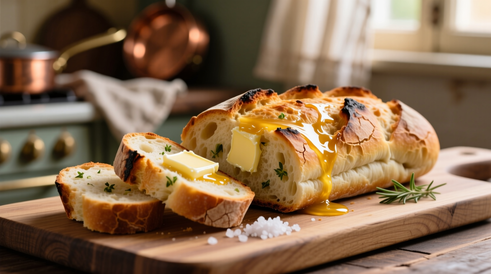 Fresh garlic bread with golden crust and melted butter