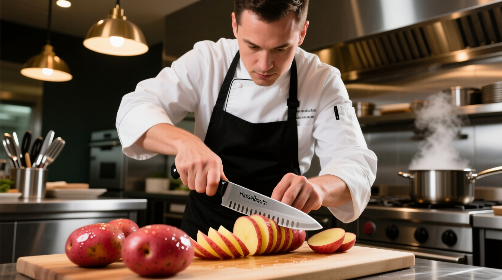 Professional chef using hasselback potato cutter on red potatoes