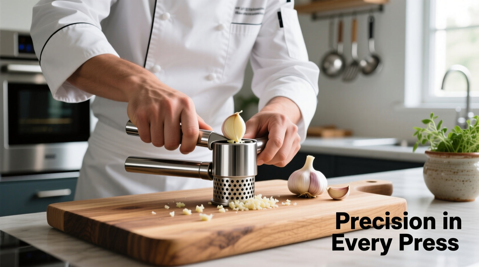 Professional chef using stainless steel garlic press on wooden cutting board